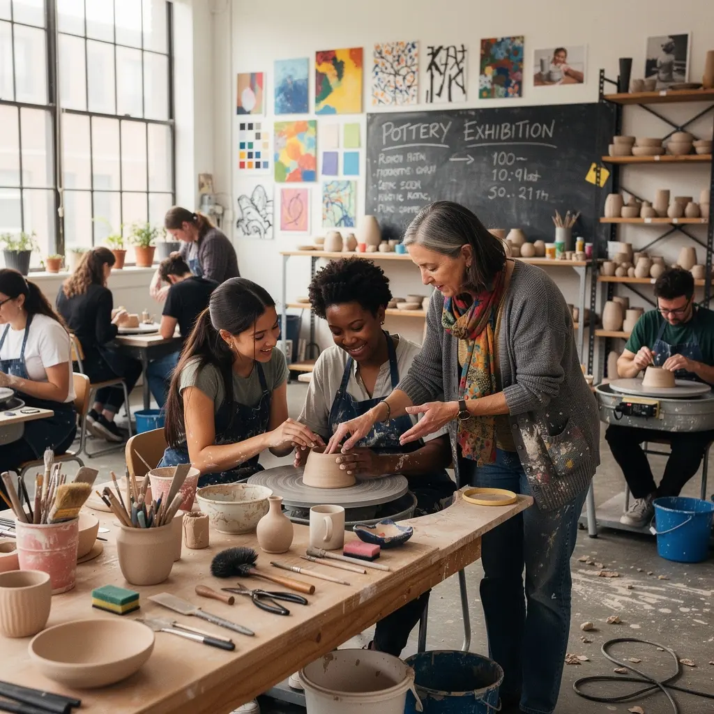 Diákok csoportja, akik kerámia edények festését tanulják egy világos műhelyben.