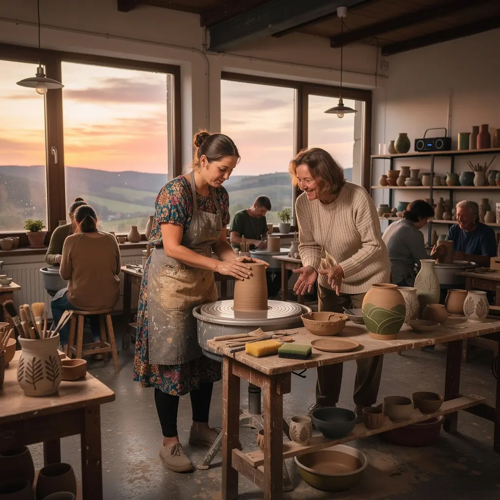 Diákok csoportja, akik kerámia edények festését tanulják egy világos műhelyben.