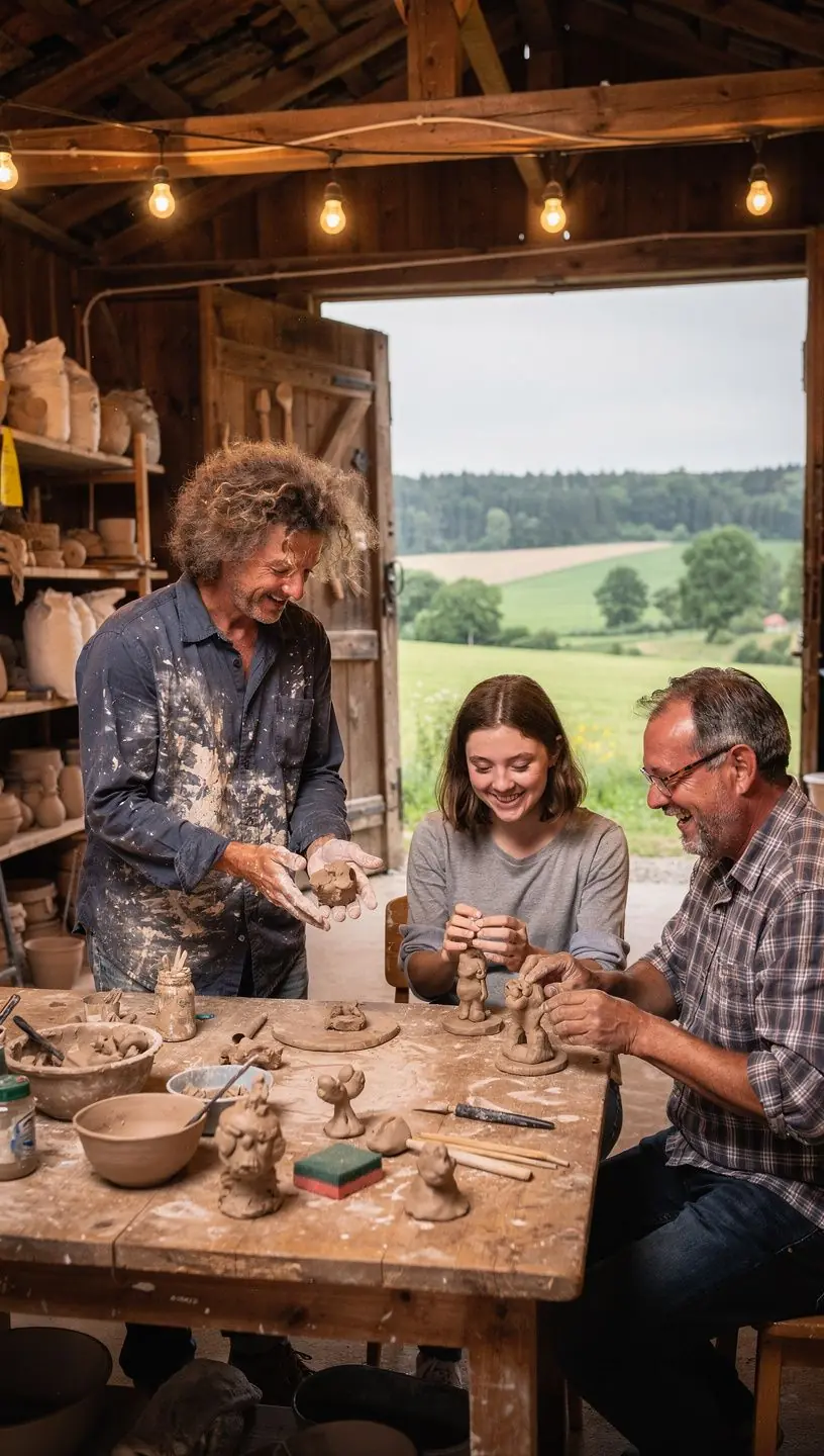 Diákok csoportja, akik kerámia edények festését tanulják egy világos műhelyben.