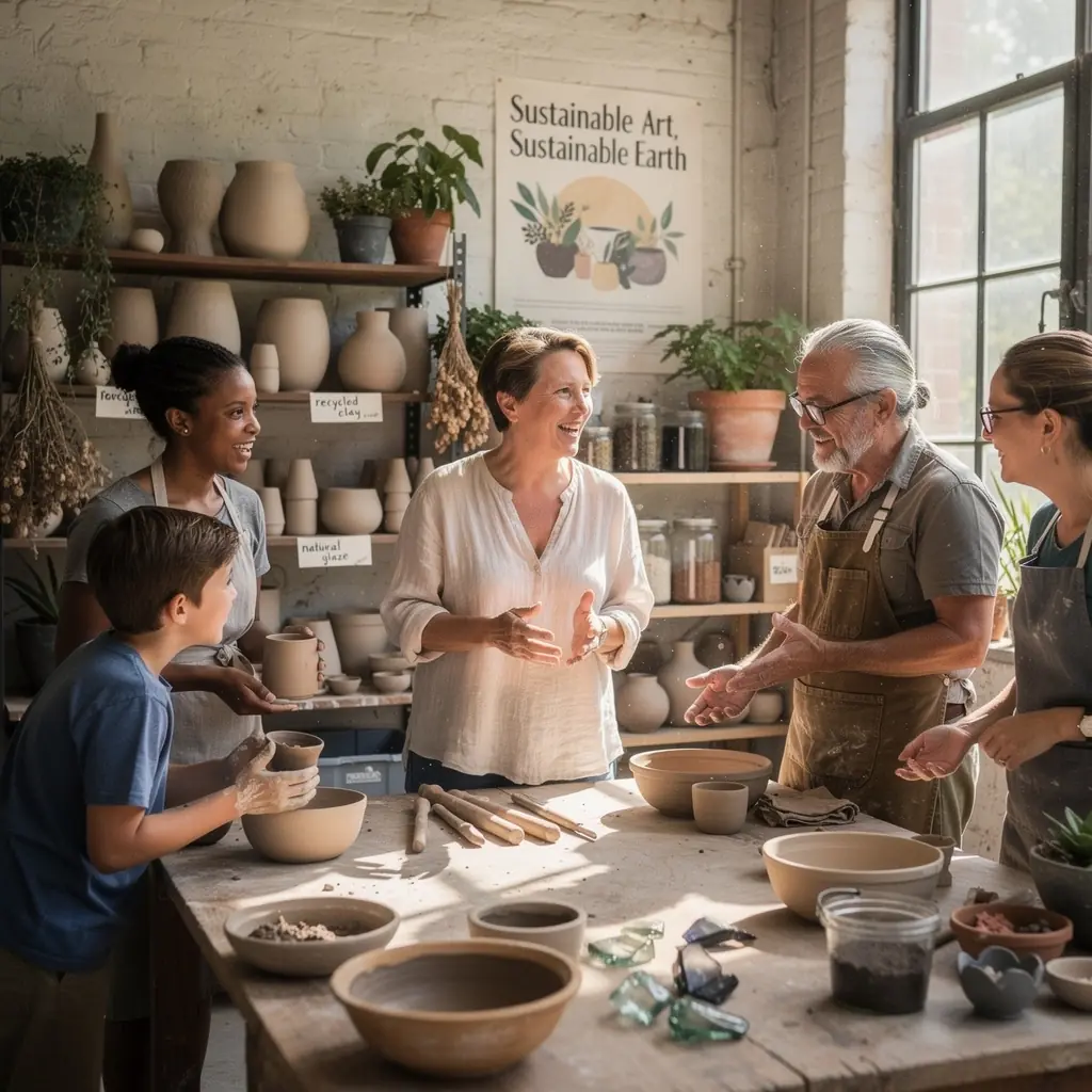Diákok csoportja, akik kerámia edények festését tanulják egy világos műhelyben.