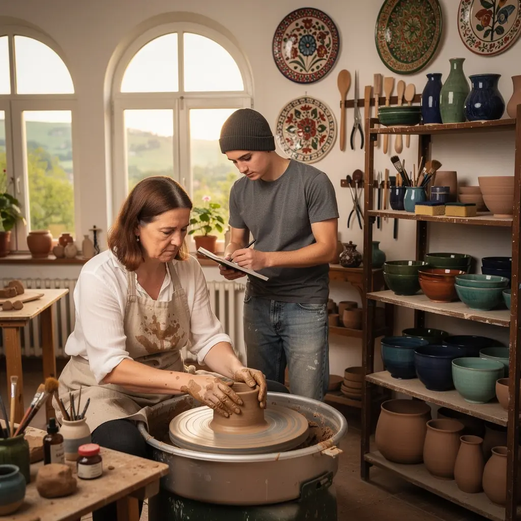 Kép egy kerámia tányérról, amelyet a mesteri kezek formáznak egy korongon.